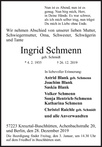Traueranzeige von Ingrid Schmenn von Siegener Zeitung