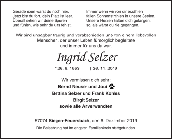 Traueranzeige von Ingrid Selzer von Siegener Zeitung