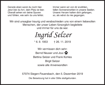 Traueranzeige von Ingrid Selzer von Siegener Zeitung