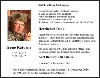 Traueranzeige von Irene Ratusny von Siegener Zeitung