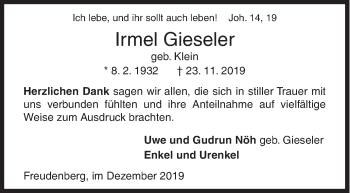 Traueranzeige von Irmel Gieseler von Siegener Zeitung