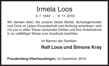 Traueranzeige von Irmela Loos von Siegener Zeitung