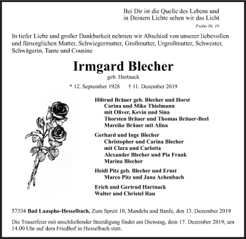 Traueranzeige von Irmgard Blecher von Siegener Zeitung
