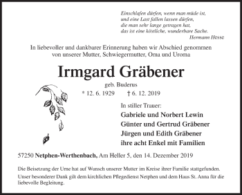 Traueranzeige von Irmgard Gräbener von Siegener Zeitung