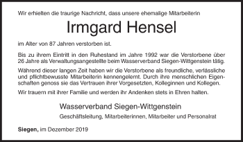 Traueranzeige von Irmgard Hensel von Siegener Zeitung