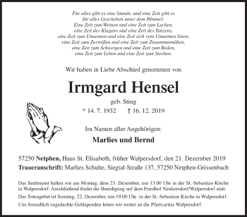 Traueranzeige von Irmgard Hensel von Siegener Zeitung