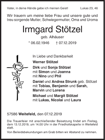 Traueranzeige von Irmgard Stötzel von Siegener Zeitung