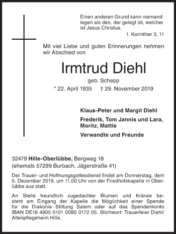 Traueranzeige von Irmtrud Diehl von Siegener Zeitung