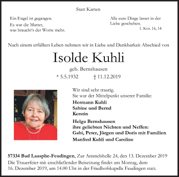 Traueranzeige von Isolde Kuhli von Siegener Zeitung