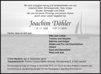 Traueranzeige von Joachim Döhler von Siegener Zeitung