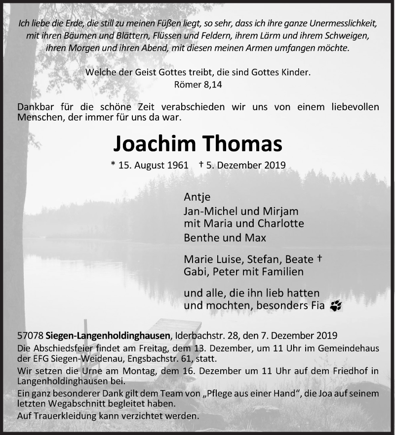  Traueranzeige für Joachim Thomas vom 07.12.2019 aus Siegener Zeitung