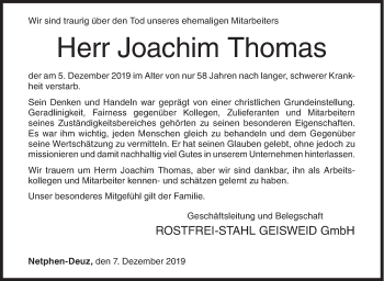 Traueranzeige von Joachim Thomas von Siegener Zeitung