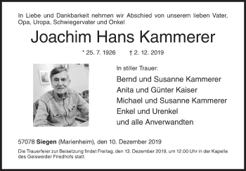 Traueranzeige von Joachim Hans Kammerer von Siegener Zeitung