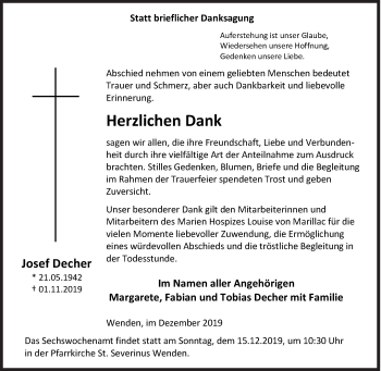 Traueranzeige von Josef Decher von Siegener Zeitung