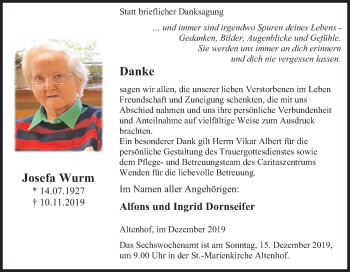 Traueranzeige von Josefa Wurm von Siegener Zeitung