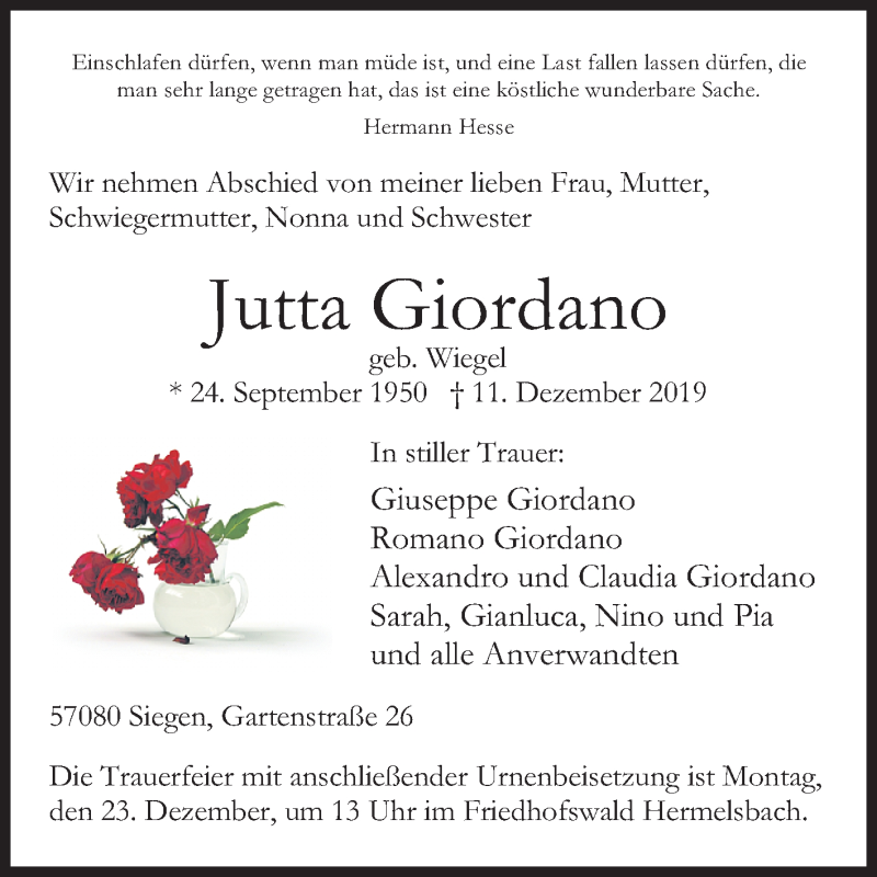  Traueranzeige für Jutta Giordano vom 14.12.2019 aus Siegener Zeitung