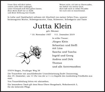 Traueranzeige von Jutta Klein von Siegener Zeitung