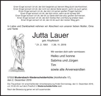 Traueranzeige von Jutta Lauer von Siegener Zeitung