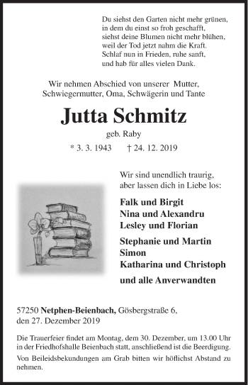 Traueranzeige von Jutta Schmitz von Siegener Zeitung
