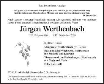 Traueranzeige von Jürgen Werthenbach von Siegener Zeitung