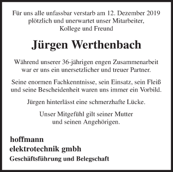 Traueranzeige von Jürgen Werthenbach von Siegener Zeitung