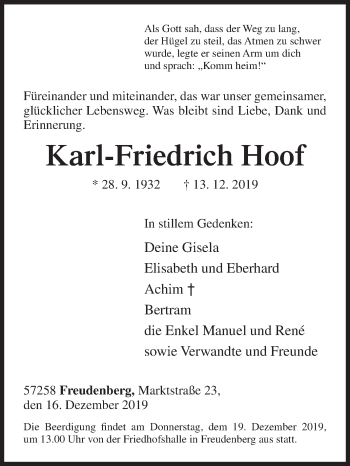 Traueranzeige von Karl-Friedrich Hoof von Siegener Zeitung