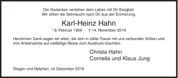 Traueranzeige von Karl-Heinz Hahn von Siegener Zeitung