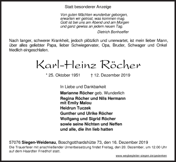 Traueranzeige von Karl-Heinz Röcher von Siegener Zeitung