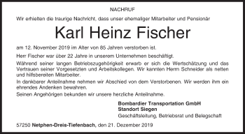 Traueranzeige von Karl Heinz Fischer von Siegener Zeitung