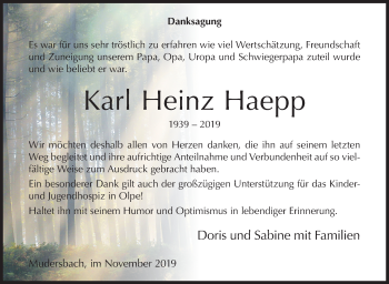 Traueranzeige von Karl Heinz Haepp von Siegener Zeitung