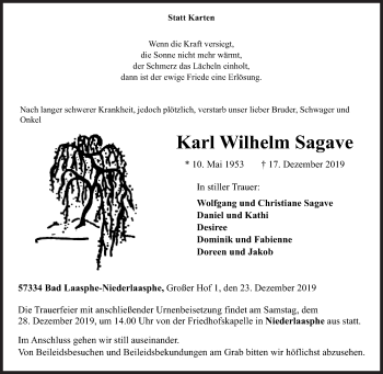 Traueranzeige von Karl Wilhelm Sagave von Siegener Zeitung