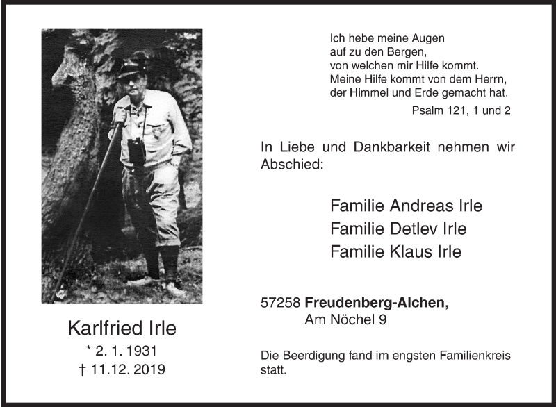  Traueranzeige für Karlfried Irle vom 24.12.2019 aus Siegener Zeitung