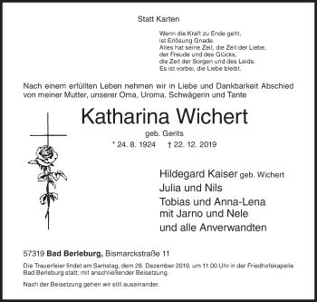 Traueranzeige von Katharina Wichert von Siegener Zeitung