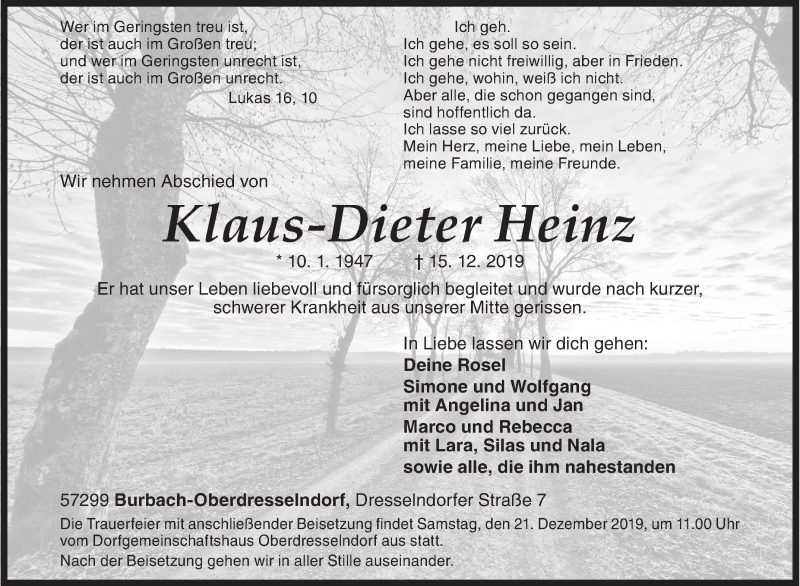  Traueranzeige für Klaus-Dieter Heinz vom 18.12.2019 aus Siegener Zeitung