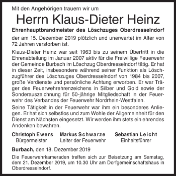 Traueranzeige von Klaus-Dieter Heinz von Siegener Zeitung