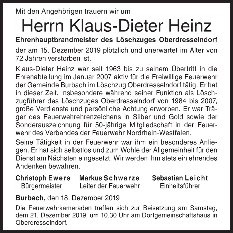  Traueranzeige für Klaus-Dieter Heinz vom 18.12.2019 aus Siegener Zeitung