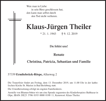 Traueranzeige von Klaus-Jürgen Theiler von Siegener Zeitung