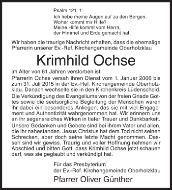 Traueranzeige von Krimhild Ochse von Siegener Zeitung