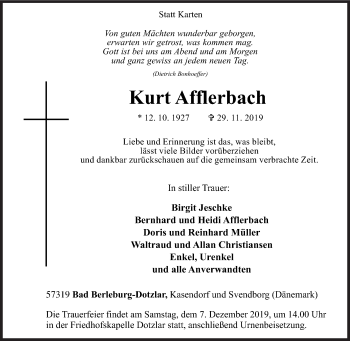 Traueranzeige von Kurt Afflerbach von Siegener Zeitung