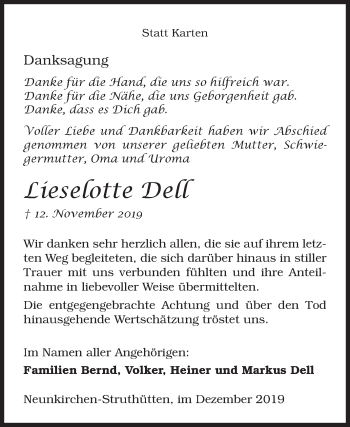 Traueranzeige von Lieselotte Dell von Siegener Zeitung