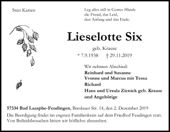 Traueranzeige von Lieselotte Six von Siegener Zeitung