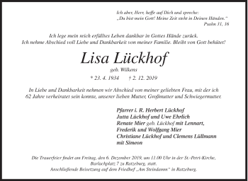 Traueranzeige von Lisa Lückhof von Siegener Zeitung