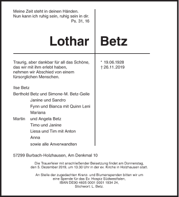 Traueranzeige von Lothar Betz von Siegener Zeitung