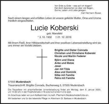 Traueranzeige von Lucie Koberski von Siegener Zeitung