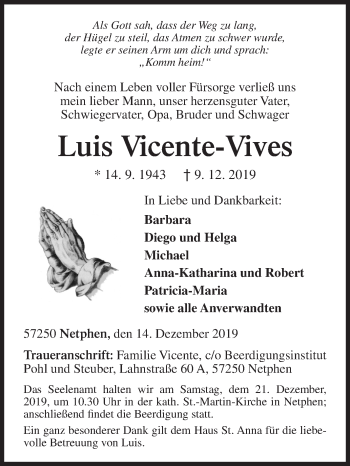 Traueranzeige von Luis Vicente-Vives von Siegener Zeitung