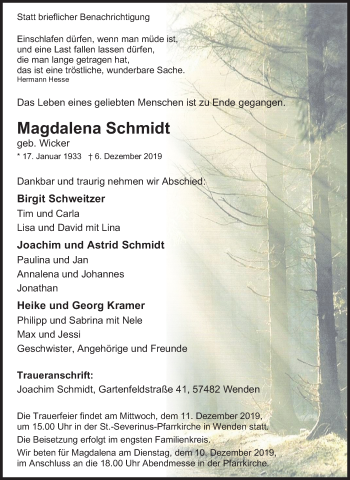 Traueranzeige von Magdalena Schmidt von Siegener Zeitung