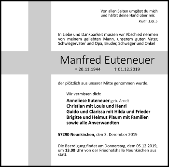 Traueranzeige von Manfred Euteneuer von Siegener Zeitung
