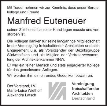 Traueranzeige von Manfred Euteneuer von Siegener Zeitung