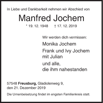 Traueranzeige von Manfred Jochem von Siegener Zeitung
