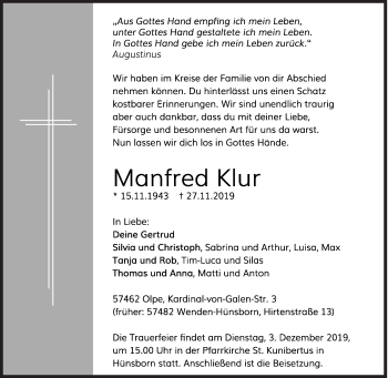 Traueranzeige von Manfred Klur von Siegener Zeitung